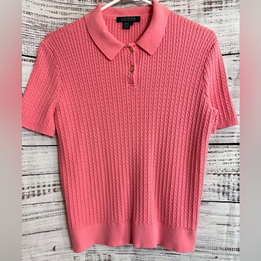 Lauren Ralph Lauren Pink Cable Knit Short Sleeve Polo Sweater - Picture 2 of 15